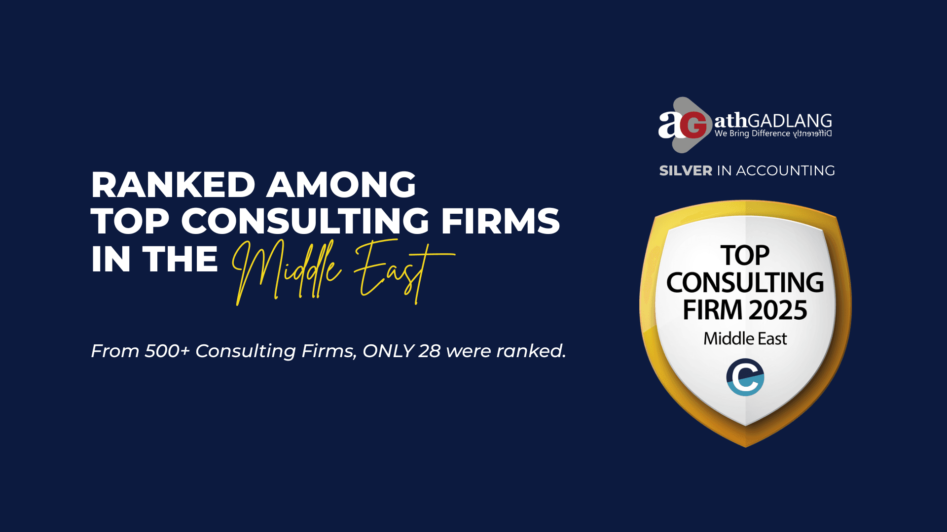 Ranked among top consulting firms in the Middle East. Top Consulting Firm 2025, Silver in Accounting. From 500+ consulting firms, only 28 were ranked.
